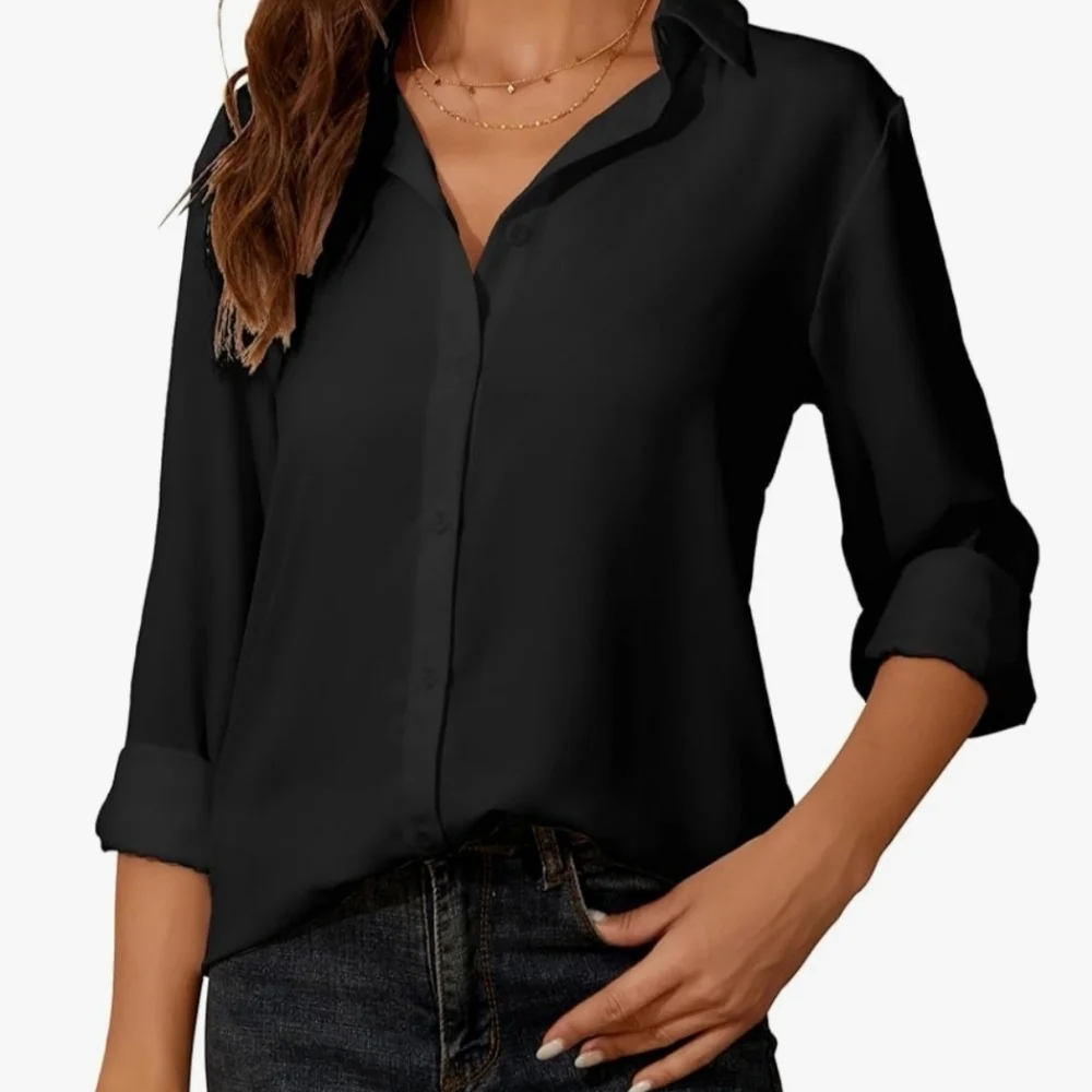 Brand New Chiffon Long Sleeve Button Down Shirt Blouse Wmn's V-neck Tops Black M - Picture 8 of 8